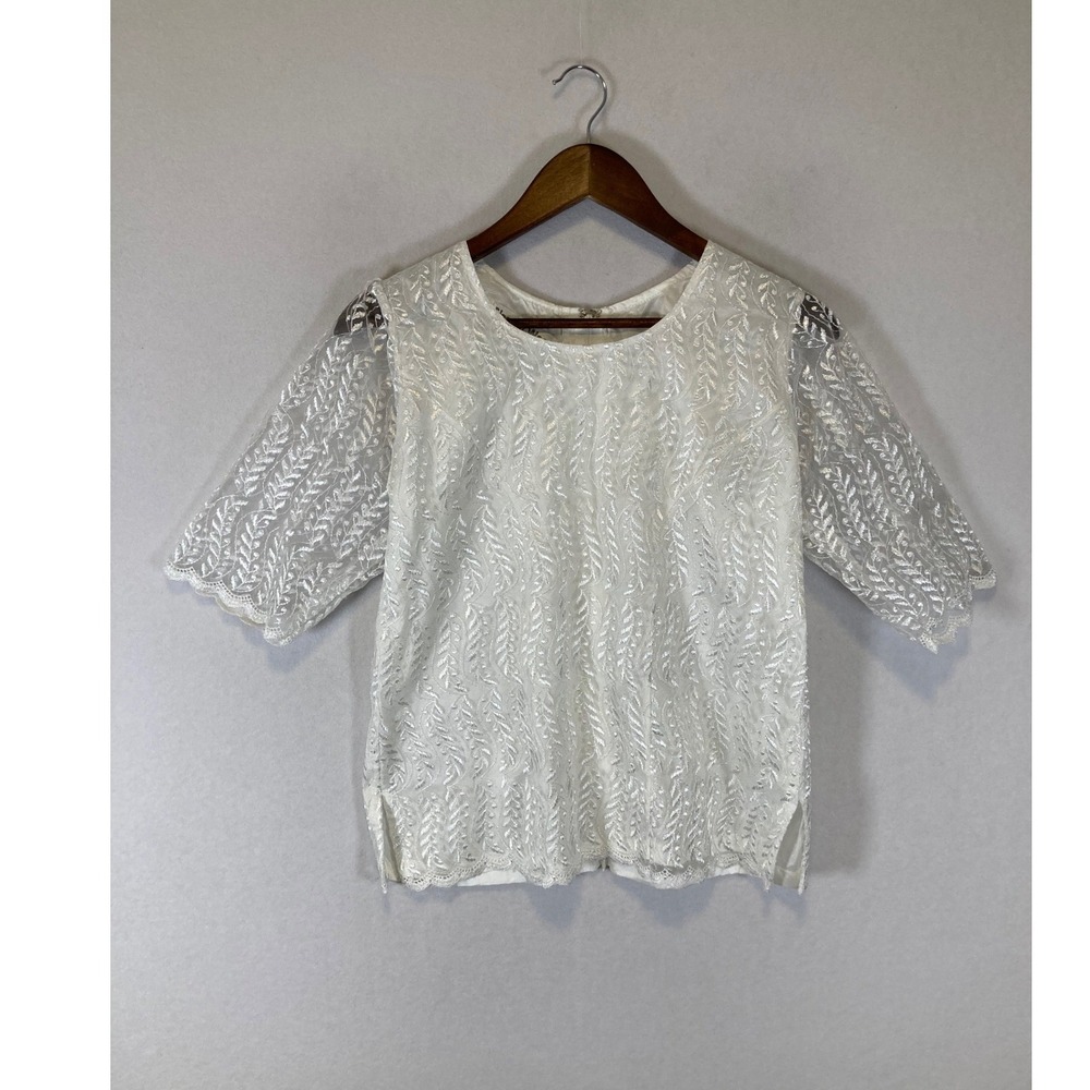 Bridal Romantic Elegant Wear Womens Med White Lace Vine Embroidered Top Blouse